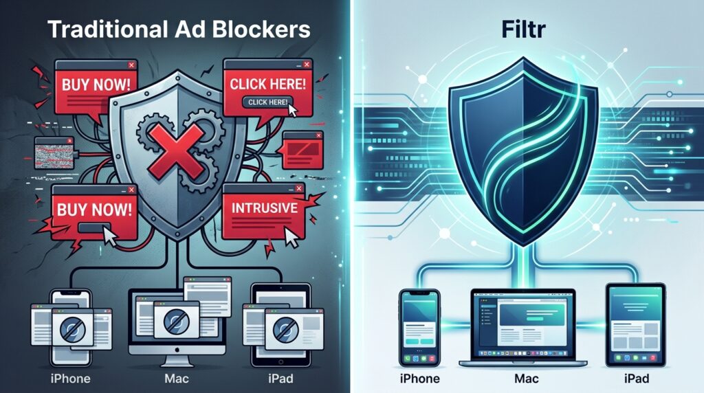 Filtr vs 傳統廣告攔截器：iPhone、Mac 隱私工具新世代差異解析